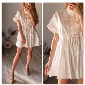 Zara Short Wide Cut Poplin Tiered Cotton White Dress New Oversized